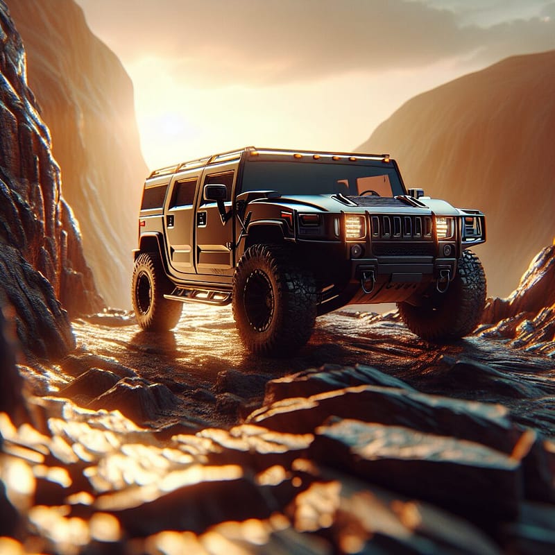 Hummer SUV parked on rocky landscape at sunset