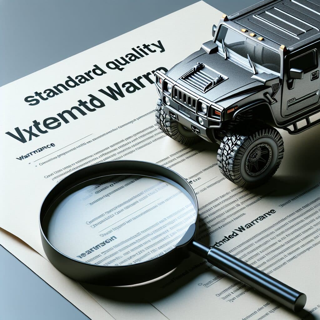 A close-up of a Hummer vehicle with a focus on warranty documents and a magnifying glass, symbolizing the exploration of extended warranty options and coverage strategies.