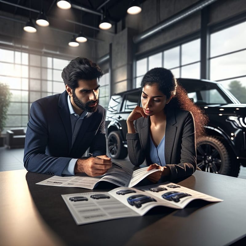 Customer and Hummer dealer discussing warranty options in showroom