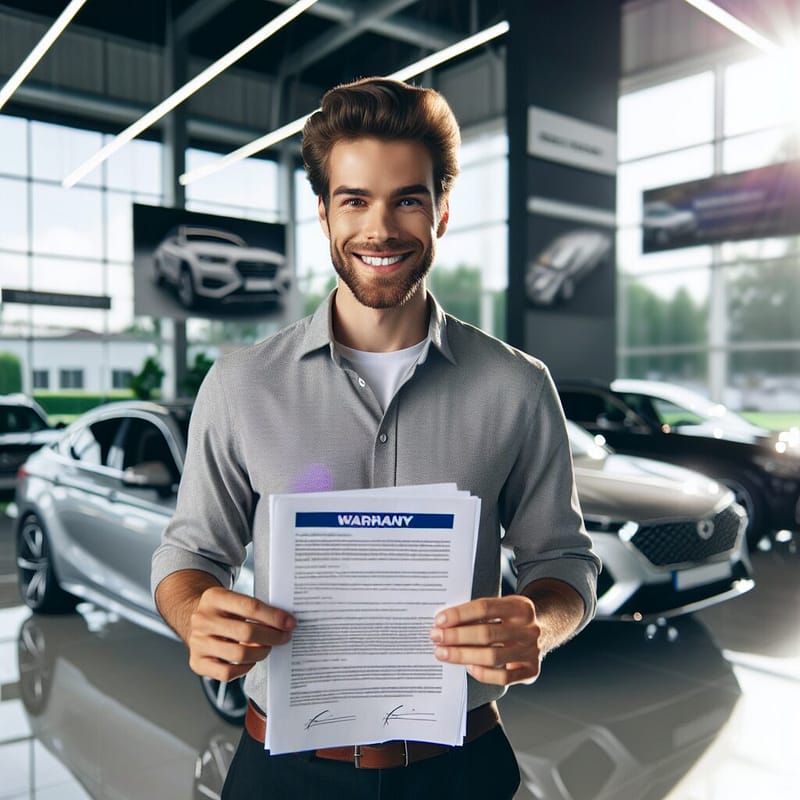 Customer with warranty document at a dealership.