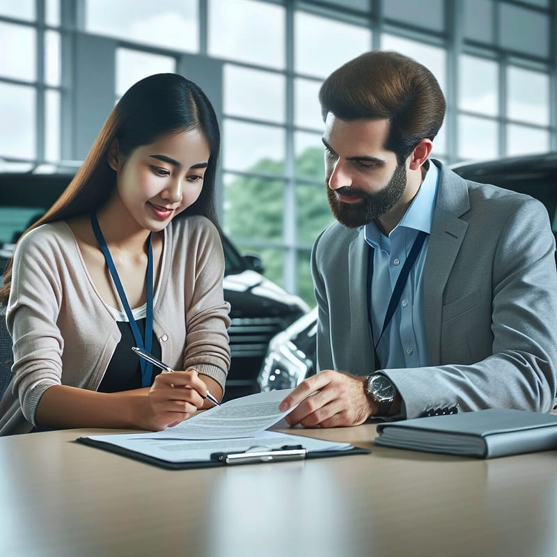 Customer reviewing warranty contract with dealership representative