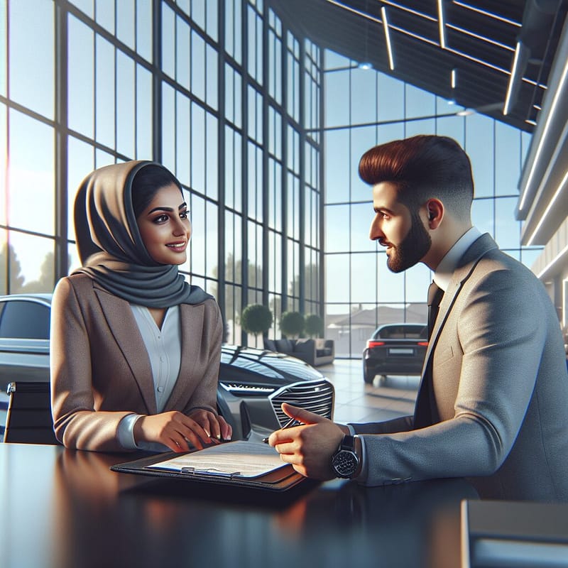 Customer consulting with a dealership specialist about warranty options.