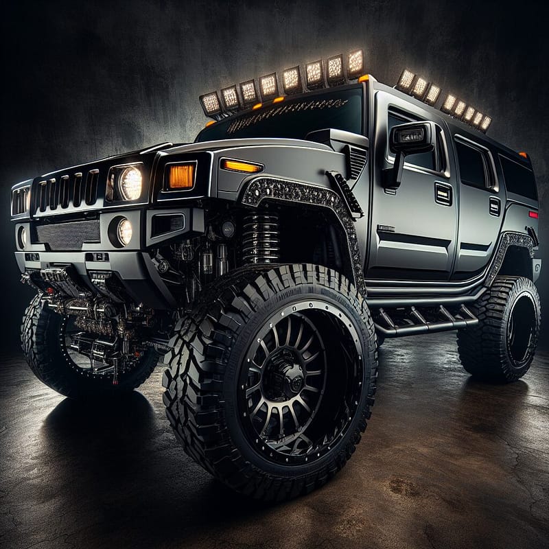 Close-up of a customized Hummer with lift kits and performance tires.
