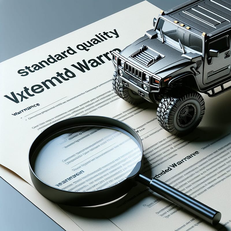 A close-up of a Hummer vehicle with a focus on warranty documents and a magnifying glass, symbolizing the exploration of extended warranty options and coverage strategies.