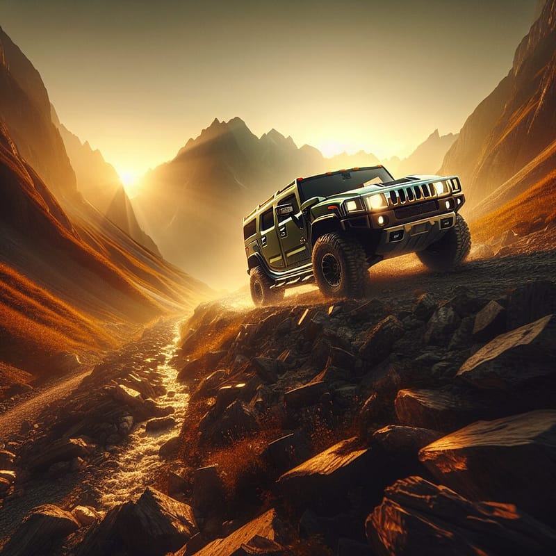 Hummer SUV on a rugged mountain trail at sunset, illustrating the adventurous nature.