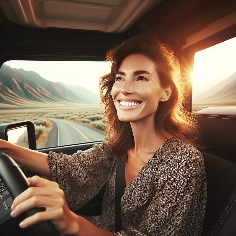 Satisfied Hummer owner driving through a scenic landscape.
