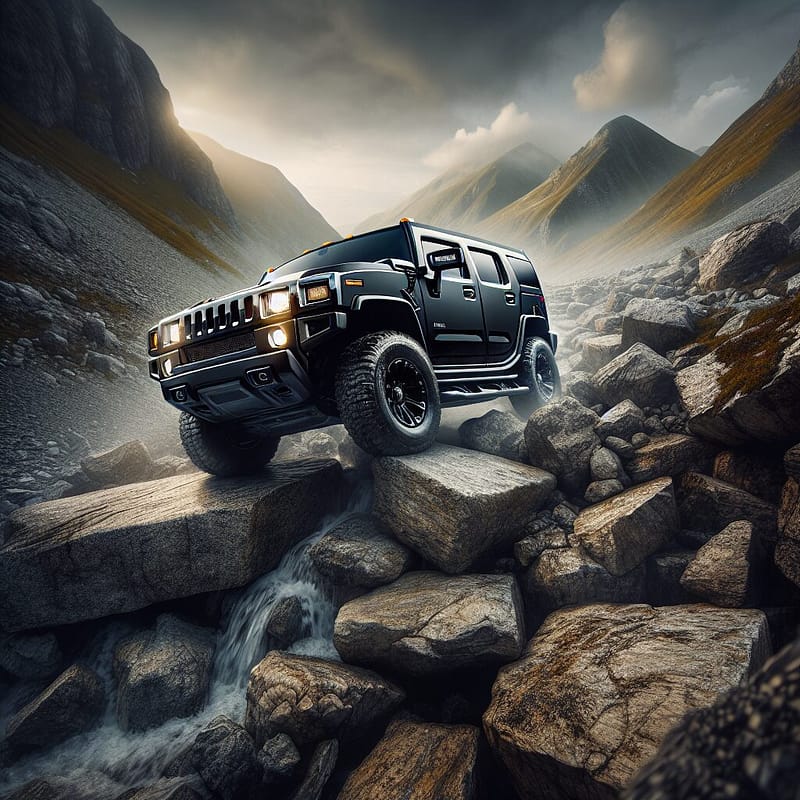Hummer SUV in a challenging, rocky mountain terrain.