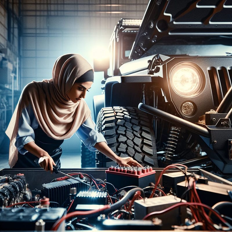 Mechanic inspecting Hummer's battery and electrical system.