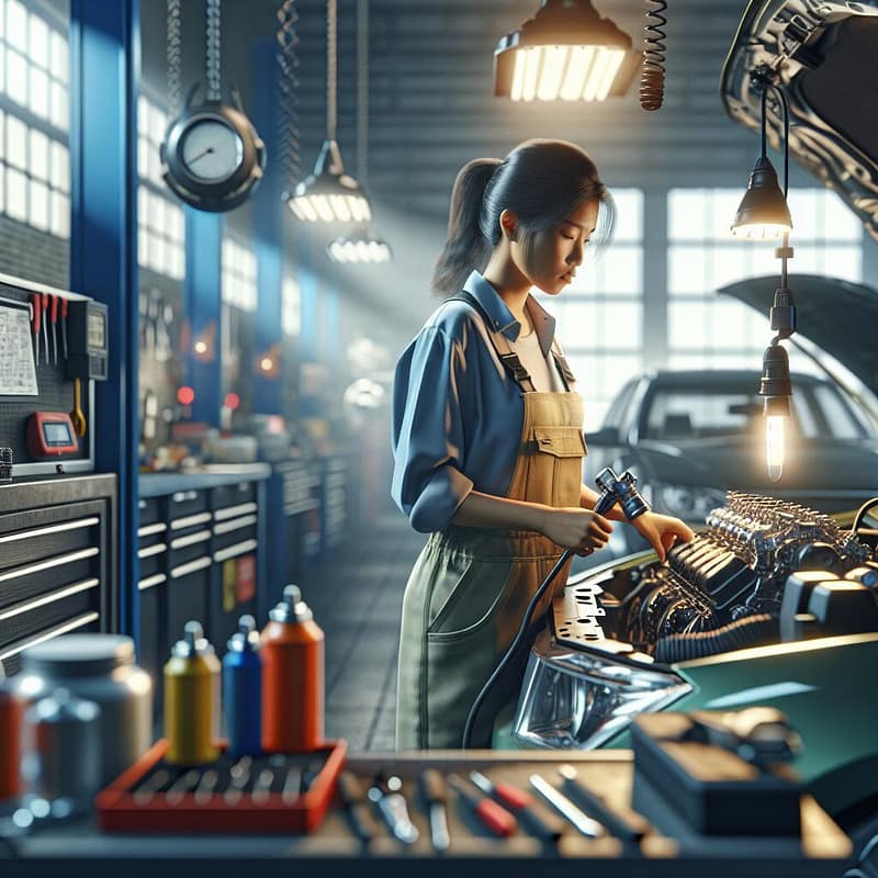 Mechanic inspecting a car engine for issues.