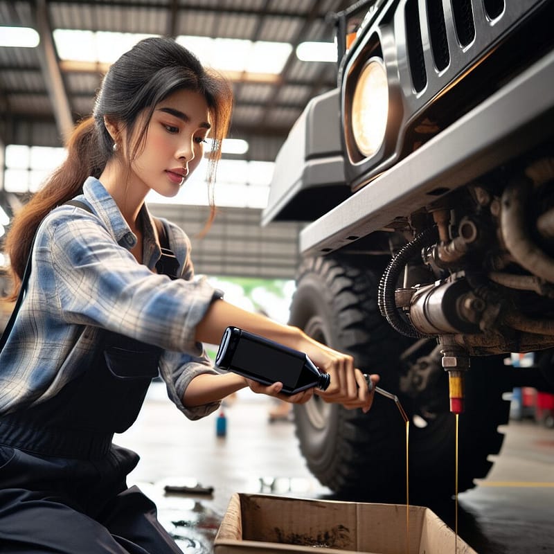 Mechanic changing oil on a Hummer in a garage.
