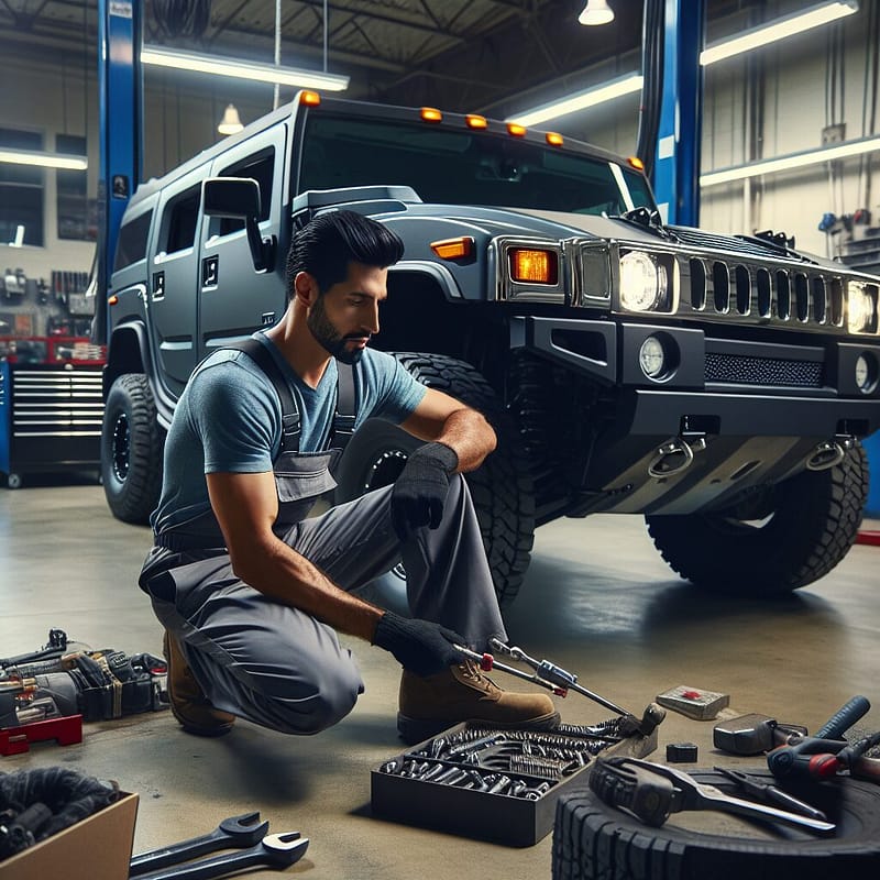 Mechanic installing OEM parts on a Hummer