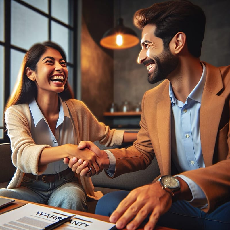 Satisfied customer shaking hands with warranty representative