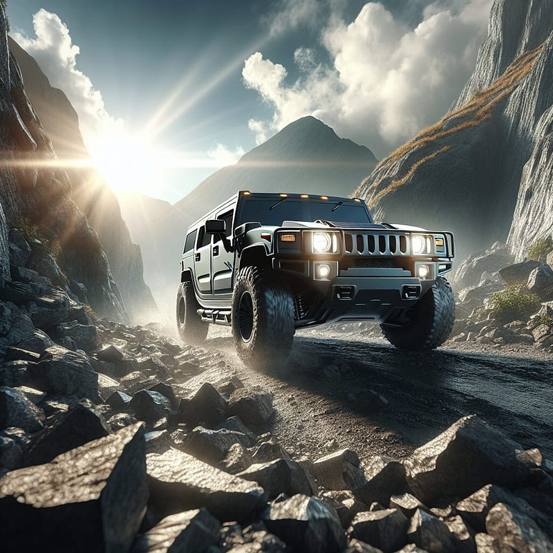 Hummer vehicle on a rocky terrain emphasizing durability.
