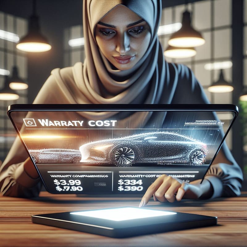 Person reviewing warranty cost comparisons on a tablet.