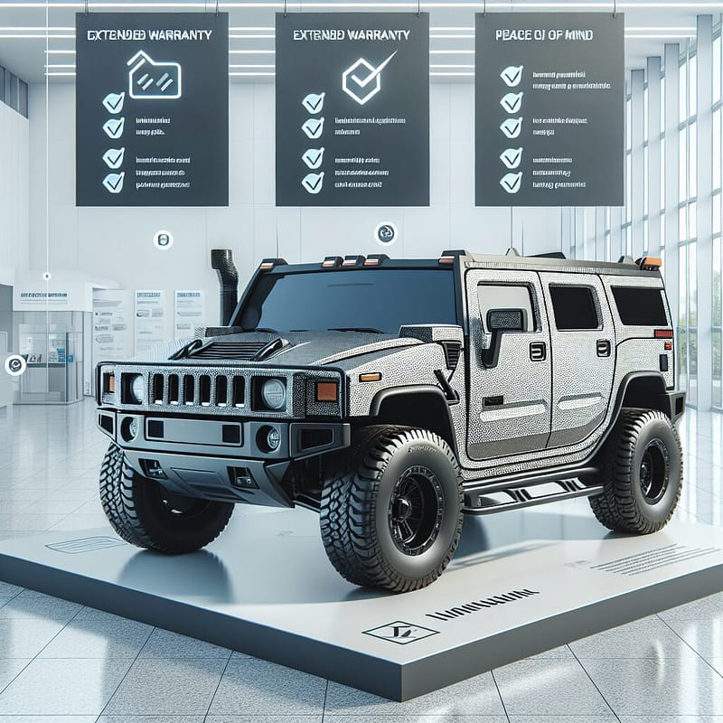 A HUMMER vehicle parked in a showroom, accompanied by informational banners about the benefits of choosing a HUMMER extended warranty, emphasizing peace of mind and long-term reliability.