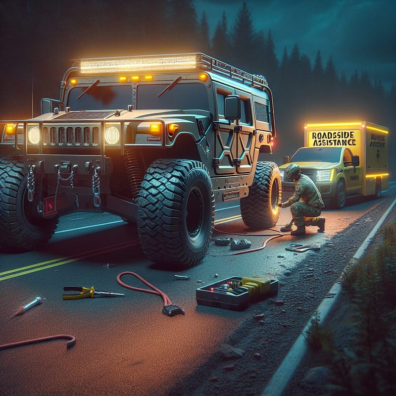 HUMMER vehicle receiving 24/7 roadside assistance under warranty, emphasizing swift emergency response and commitment to road safety.