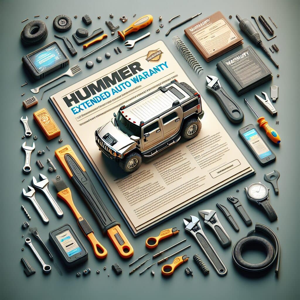 Hummer vehicle with a warranty booklet and maintenance tools, symbolizing extended auto coverage and protection benefits.