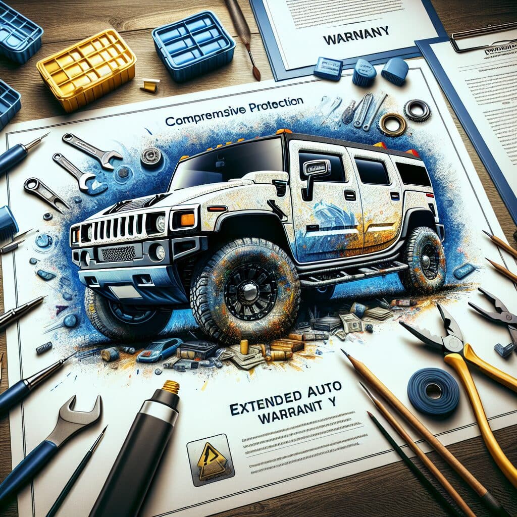 A detailed depiction of a Hummer vehicle set against a backdrop of warranty documents and maintenance tools, symbolizing the comprehensive protection offered by an extended auto warranty plan.