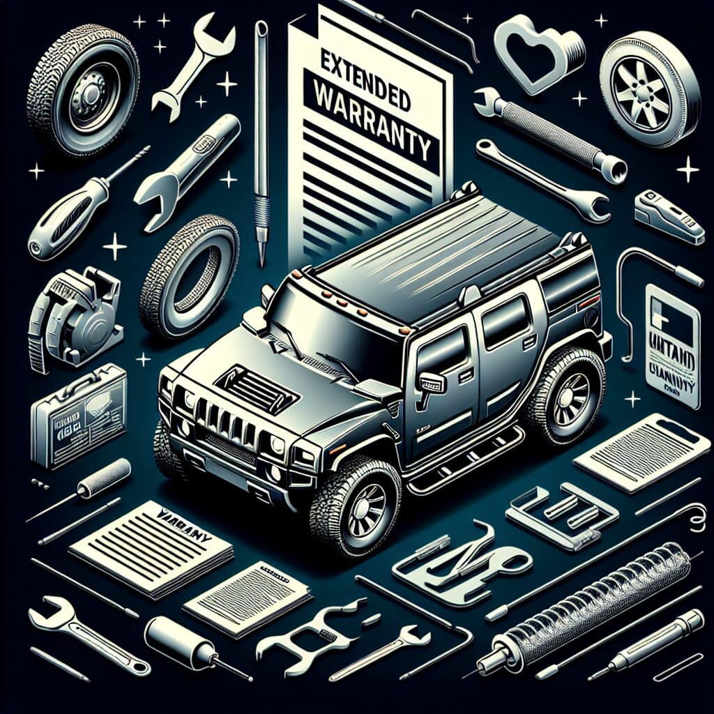 A Hummer vehicle with a warranty document and maintenance tools, symbolizing extended auto coverage and protection benefits.